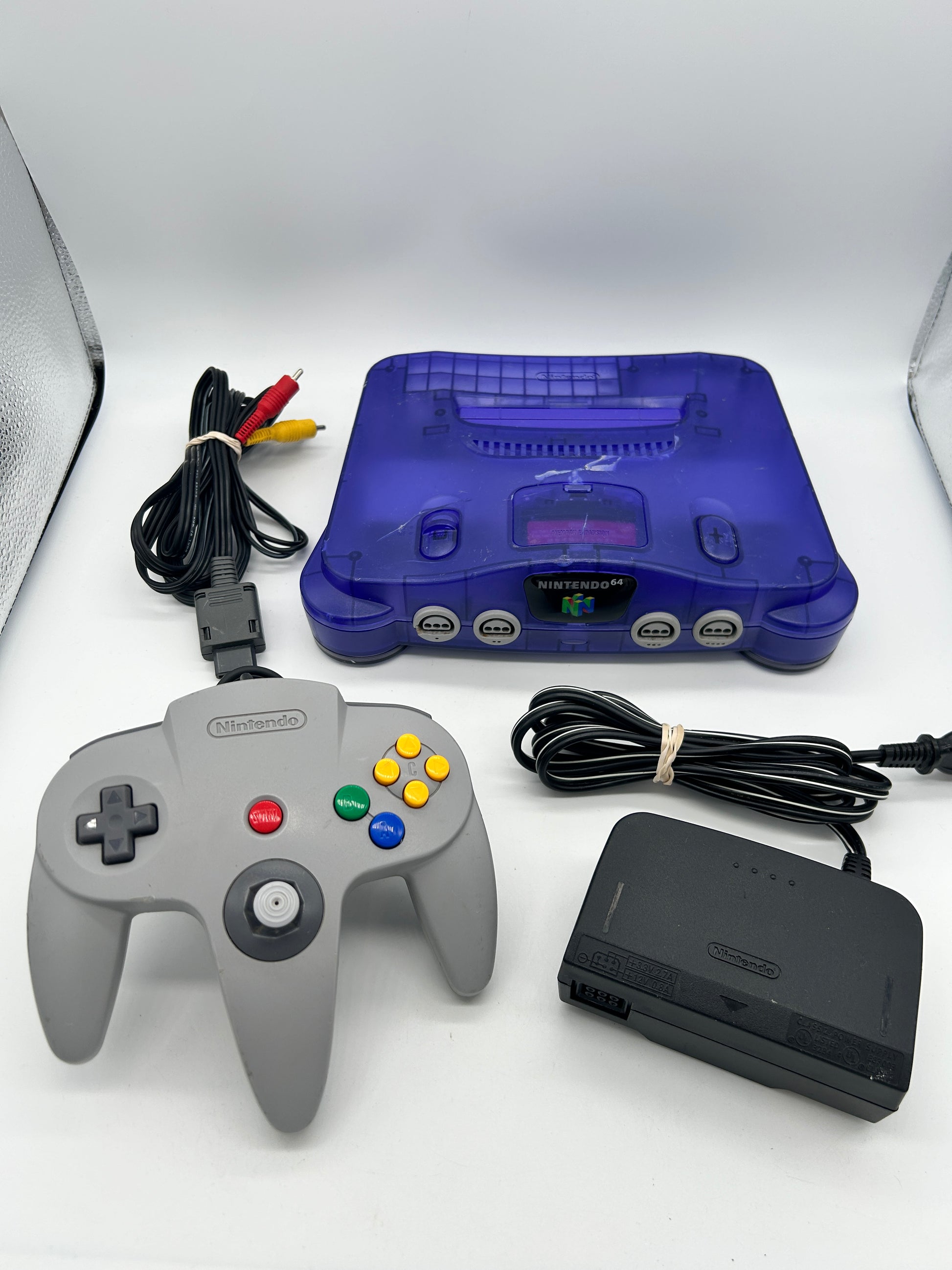 PiXEL-RETRO.COM : NINTENDO 64 ORIGINAL CONSOLE CONTROLLER, POWER SUPPLY, RCA CABLE NTSC FUNTASTIC GRAPE PURPLE