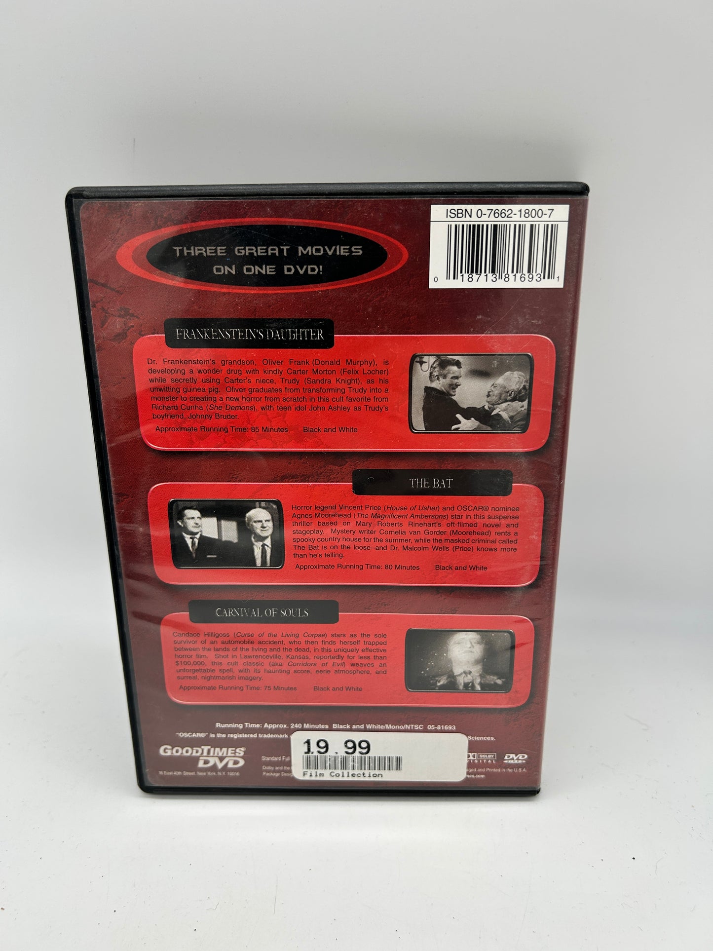 FiLM DVD | HORROR TRiPLE FEATURE FRANKENSTEiNS DAUGHTER THE BATH CARNiVAL OF SOULS