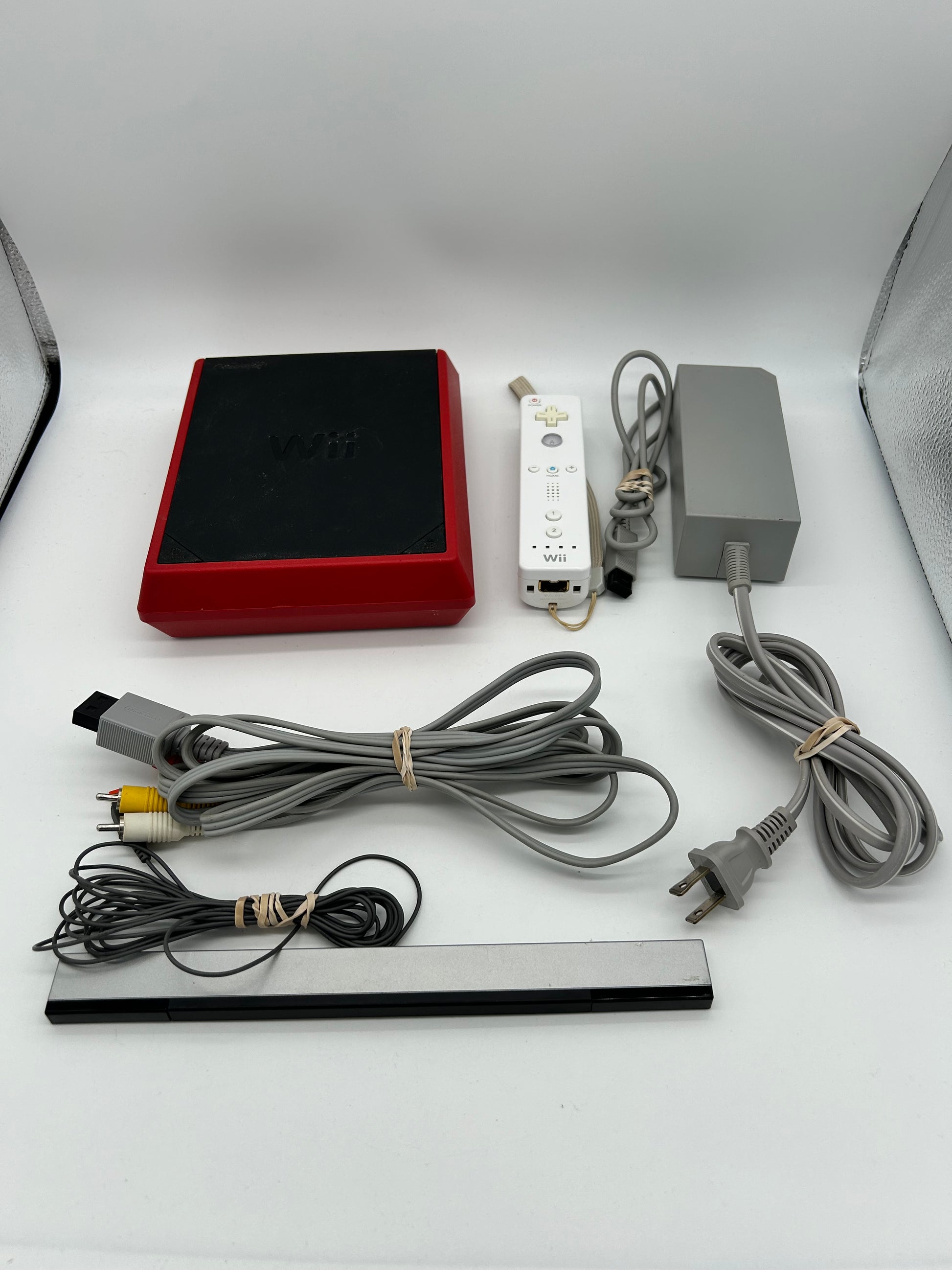 PiXEL-RETRO.COM : NINTENDO MINI WII ORIGINAL BLACK AND RED CONSOLE CONTROLLER, POWER SUPPLY, RCA CABLE, SENSOR NTSC