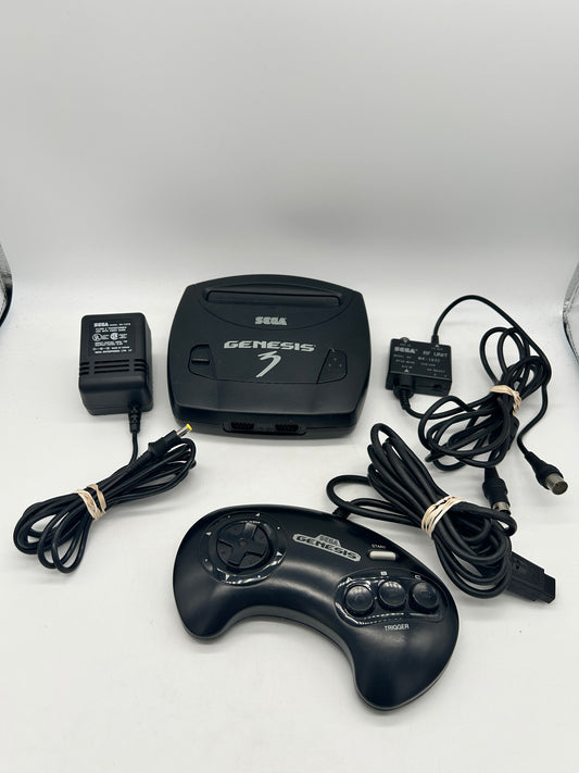 PiXEL-RETRO.COM : SEGA GENESIS ORIGINAL BLACK MODEL 3 VERSION, CONTROLLER, POWER SUPPLY, ANTENNA RF UNIT CABLE NTSC MK-1461