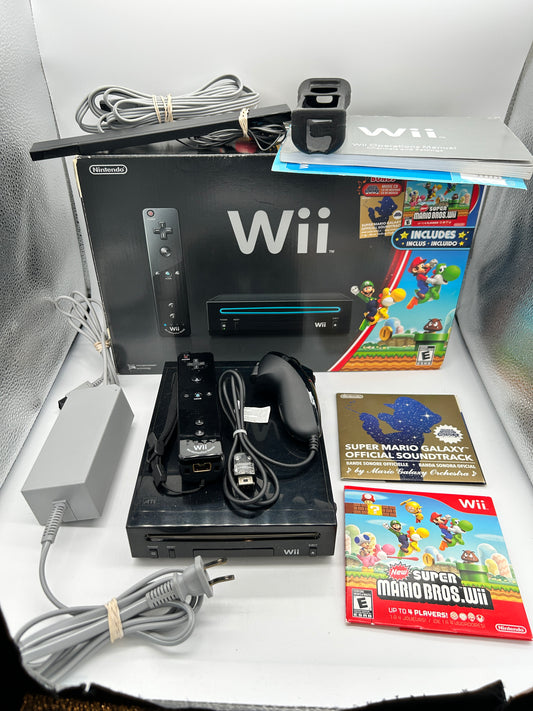 PiXEL-RETRO.COM : NINTENDO WII NEW SUPER MARIO BROS BUNDLE BLACK COMPLETE (CiB) CONSOLE, BOX, CONTROLLERS, NUNCHUK, WIIMOTION, POWER SUPPLY, RCA CABLE, NTSC RVL-001