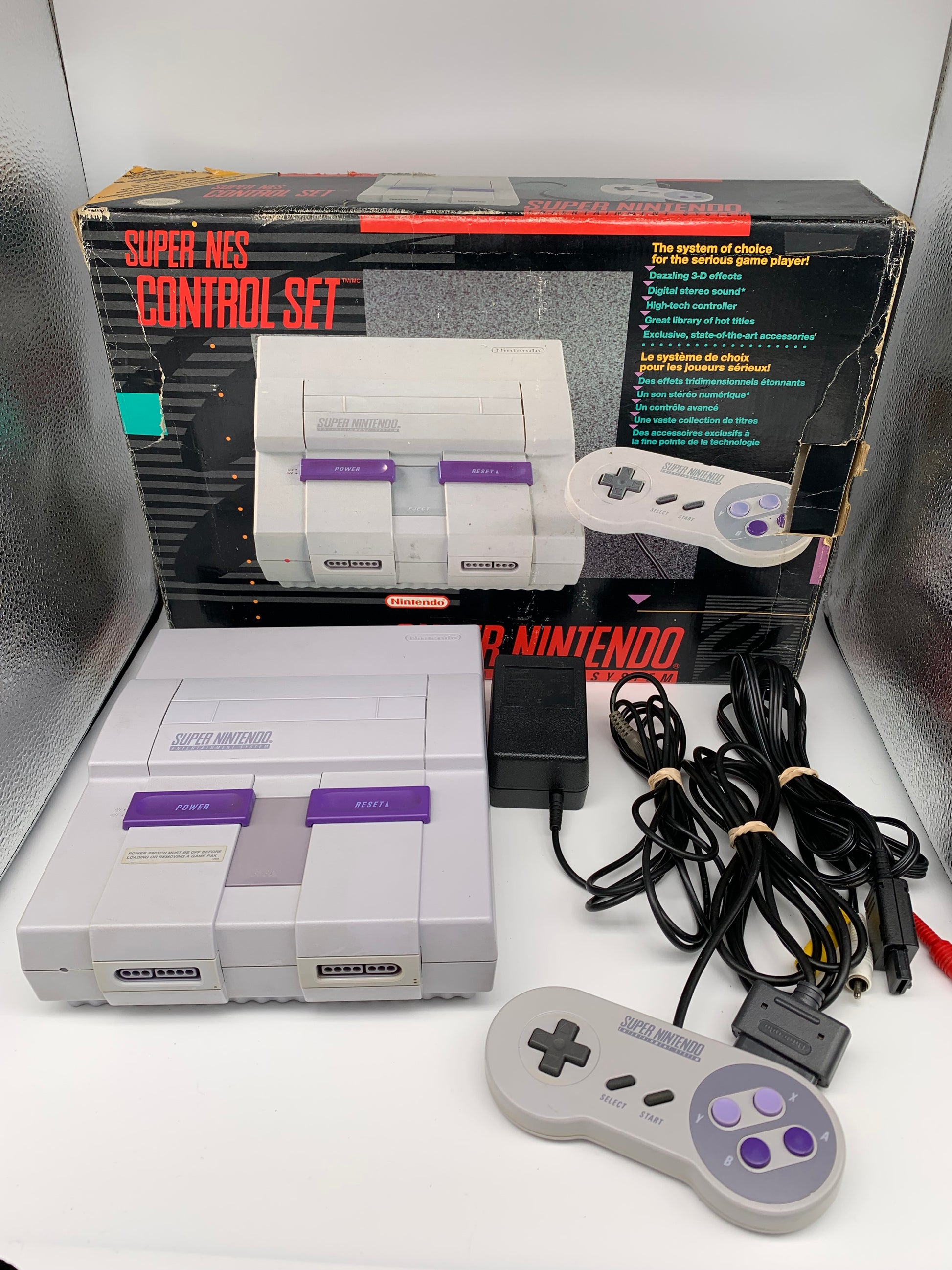 PiXEL-RETRO.COM : SUPER NINTENDO SYSTEM (SNES) CONTROL DECK COMPLETE (CiB) CONSOLE, BOX, CONTROLLERS, POWER SUPPLY, RCA CABLE, NTSC SET SNS-001