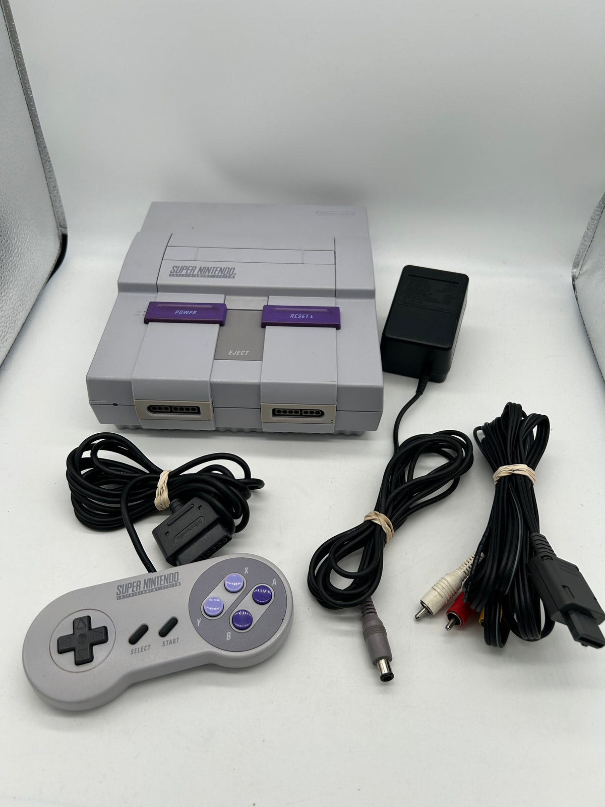 PiXEL-RETRO.COM : SUPER  NINTENDO SNES ORIGINAL CHARCOAL GRAY CONSOLE CONTROLLER, POWER SUPPLY, RCA CABLE NTSC SNS-001
