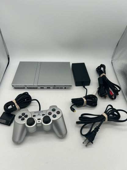 PiXEL-RETRO.COM : SONY PLAYSTATION 2 ORIGINAL SLIM SILVER PLATINUM VERSION, CONTROLLER, POWER SUPPLY, RCA CABLE NTSC SCPH-77001