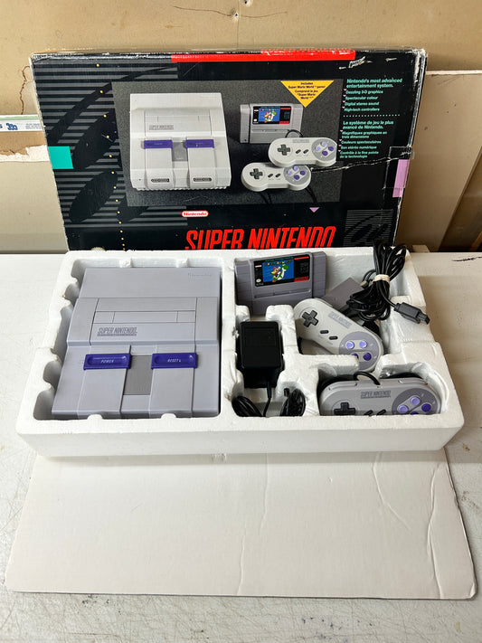 PiXEL-RETRO.COM : SUPER NINTENDO SYSTEM (SNES) CONTROL DECK COMPLETE (CiB) CONSOLE, BOX, CONTROLLERS, POWER SUPPLY, RCA CABLE, NTSC SET SNS-001