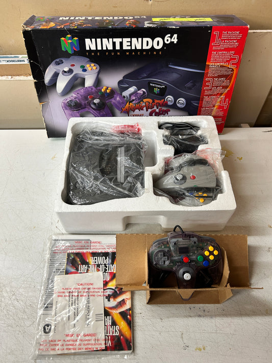 PiXEL-RETRO.COM : NINTENDO 64 ORIGINAL CHARCOAL GRAY CONSOLE CONTROLLER, POWER SUPPLY, RCA CABLE NTSC ATOMIC PURPLE COLOR EXTRA CONTROLLER BUNDLE