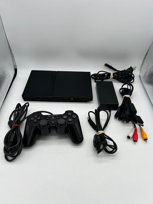 PiXEL-RETRO.COM : SONY PLAYSTATION 2 ORIGINAL SLIM BLACK VERSION, CONTROLLER, POWER SUPPLY, RCA CABLE NTSC SCPH-75001