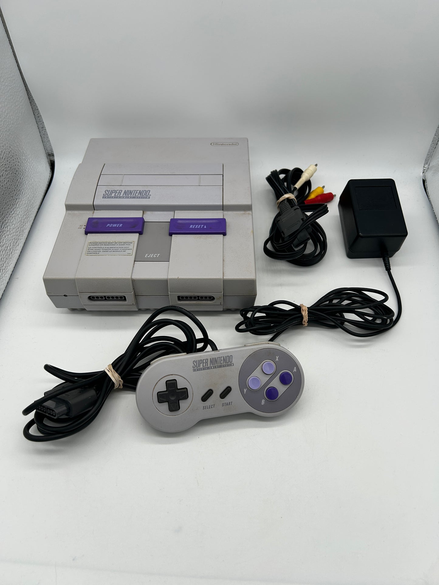 PiXEL-RETRO.COM : SUPER  NINTENDO SNES ORIGINAL CHARCOAL GRAY CONSOLE CONTROLLER, POWER SUPPLY, RCA CABLE NTSC SNS-001