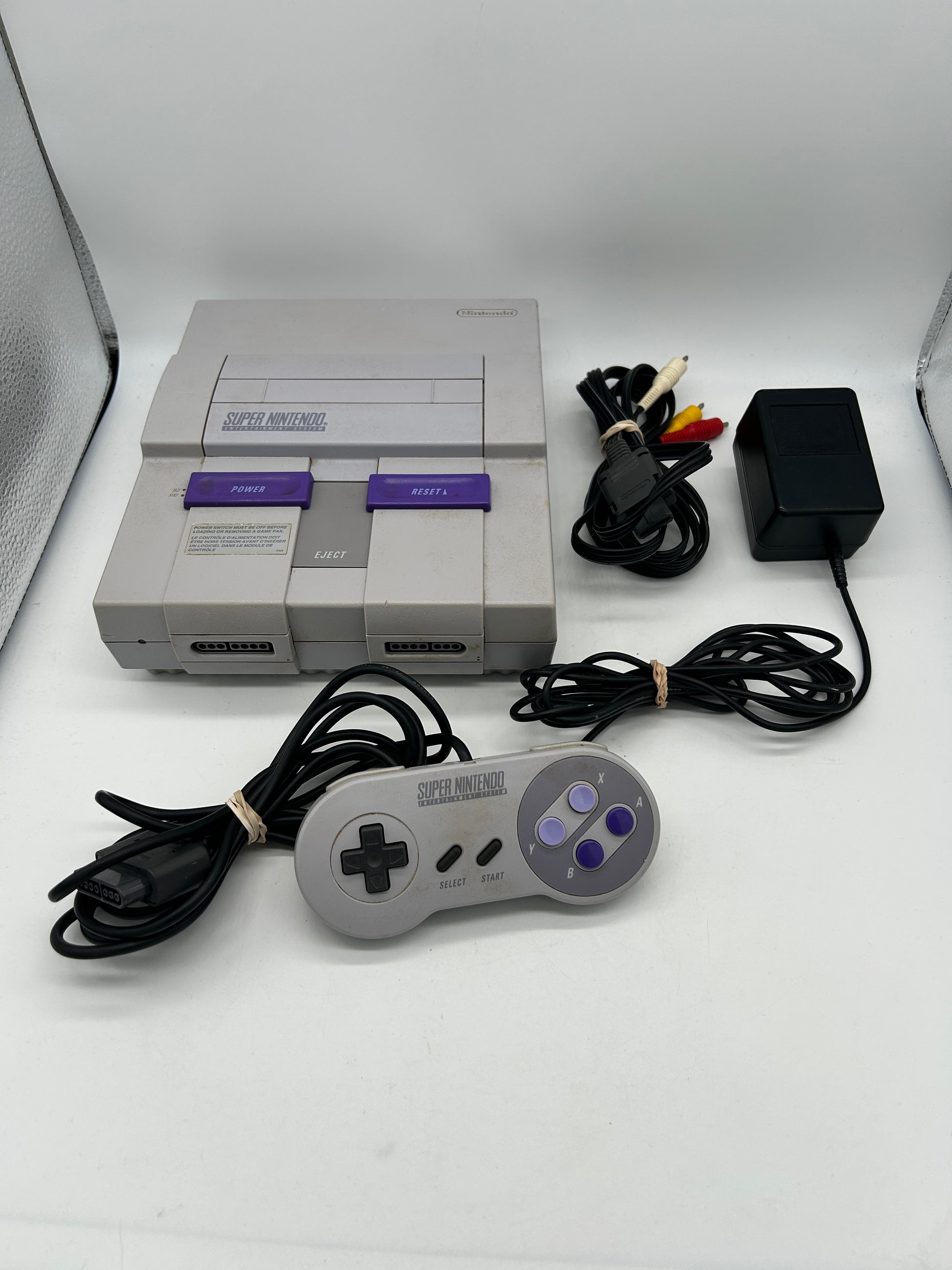 PiXEL-RETRO.COM : SUPER  NINTENDO SNES ORIGINAL CHARCOAL GRAY CONSOLE CONTROLLER, POWER SUPPLY, RCA CABLE NTSC SNS-001