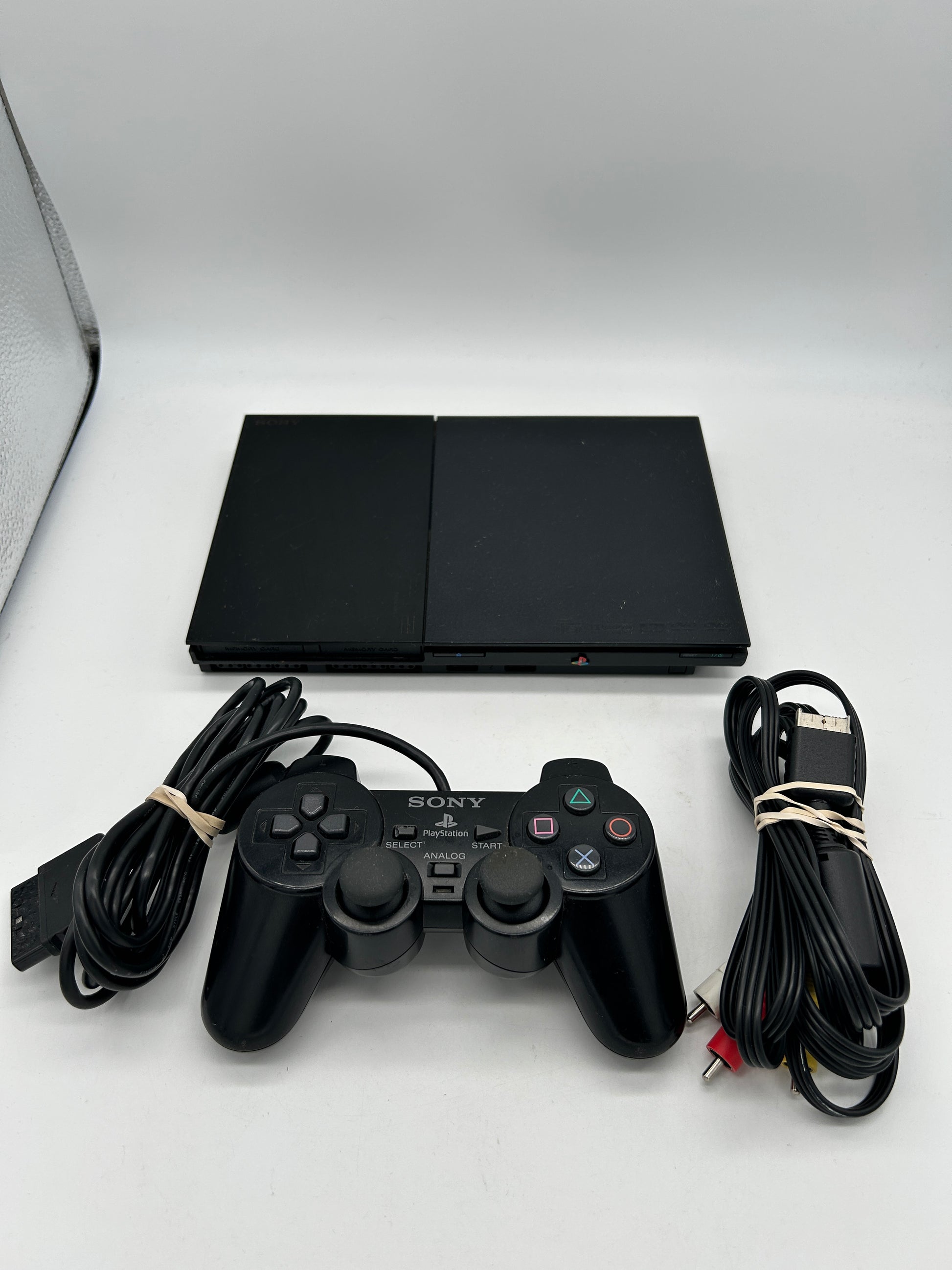 PiXEL-RETRO.COM : SONY PLAYSTATION 2 ORIGINAL SLIM BLACK VERSION, CONTROLLER, POWER SUPPLY, RCA CABLE NTSC SCPH-90001
