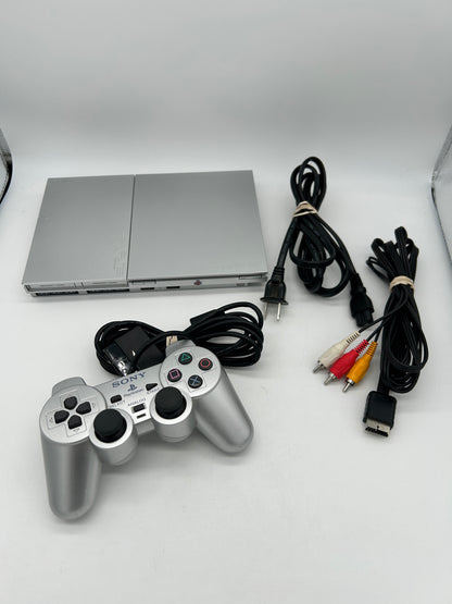 PiXEL-RETRO.COM : SONY PLAYSTATION 2 ORIGINAL SLIM SILVER PLATINUM VERSION, CONTROLLER, POWER SUPPLY, RCA CABLE NTSC SCPH-90001