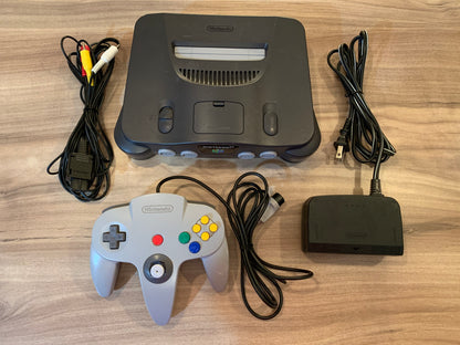 PiXEL-RETRO.COM : NINTENDO 64 ORIGINAL CHARCOAL GRAY CONSOLE CONTROLLER, POWER SUPPLY, RCA CABLE NTSC